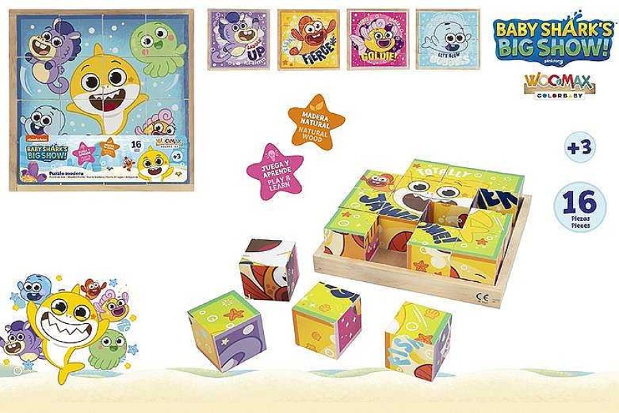 Puzzles Color Baby | Rompecabezas De Madera Baby Shark 16 Cubos